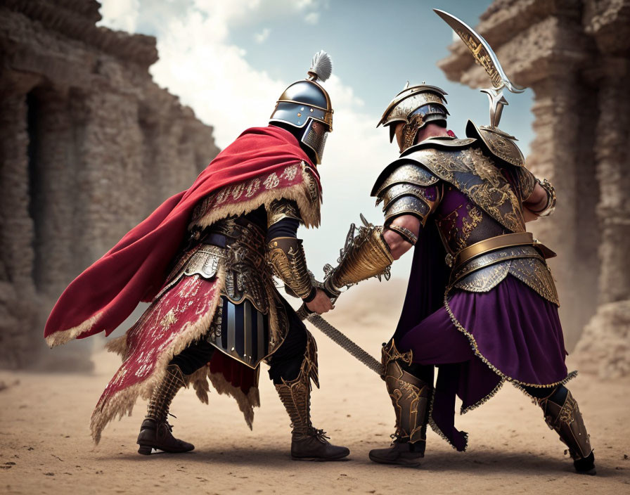 Armored warriors in handshake at ancient ruins with elaborate helmets.