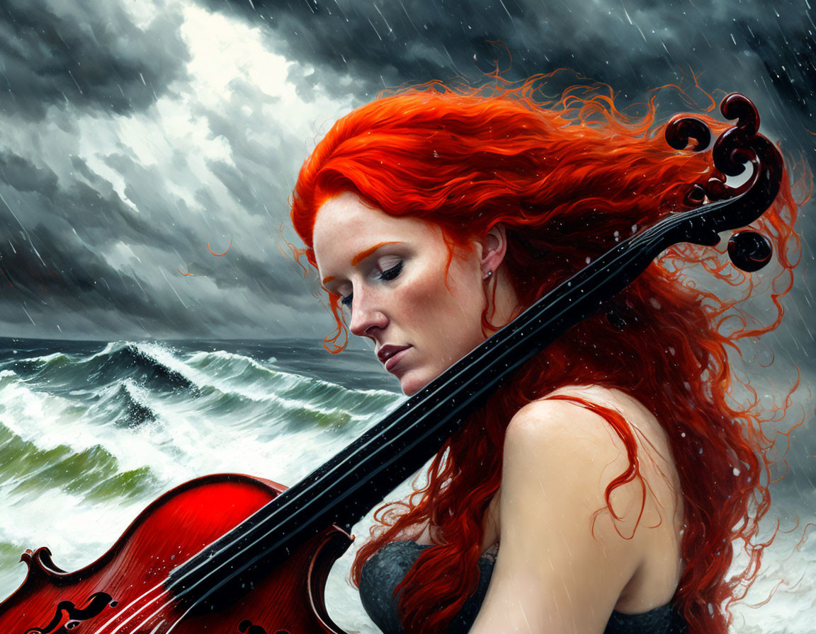 Red-haired woman holding cello against stormy seas and dark skies