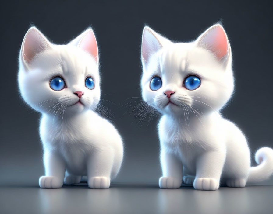 Fluffy White Animated Kittens with Blue Eyes on Gray Background