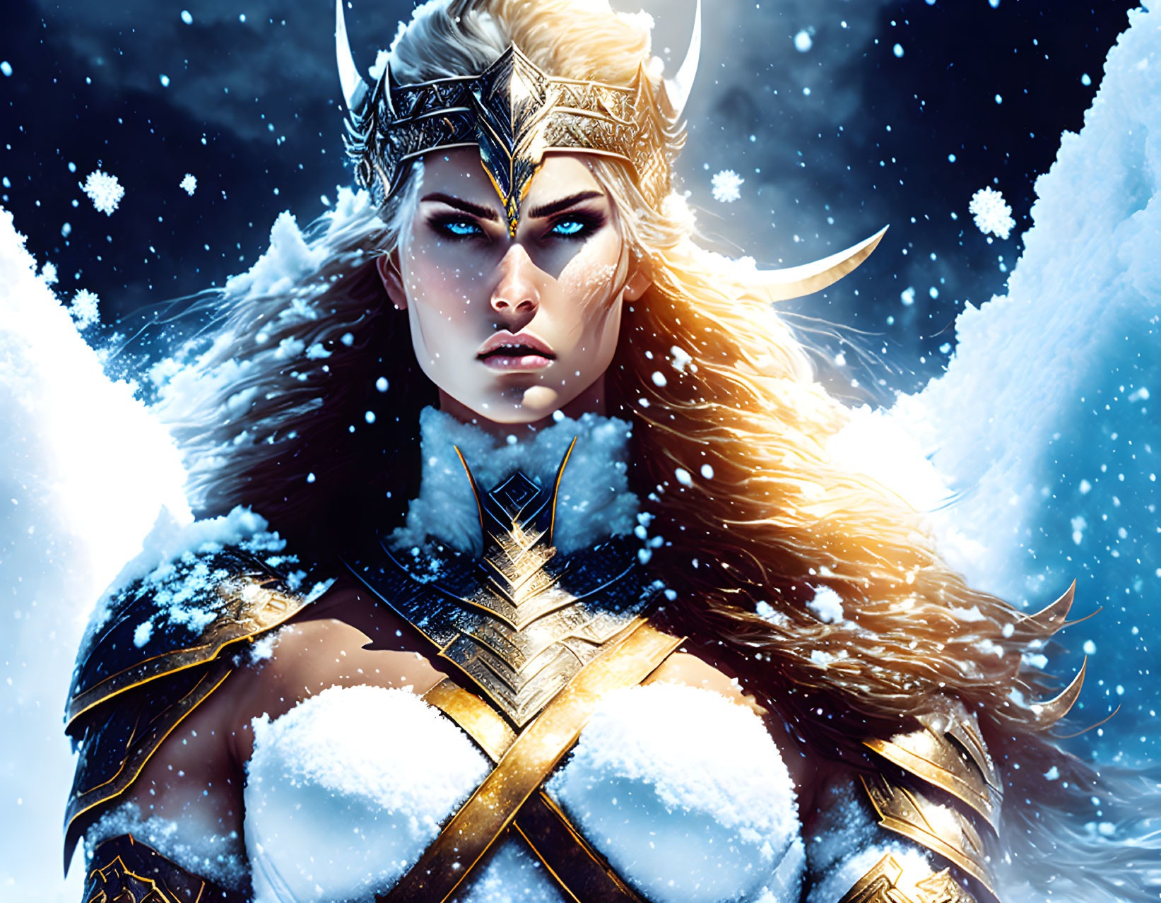 Blonde warrior woman in horned helmet in snowy landscape