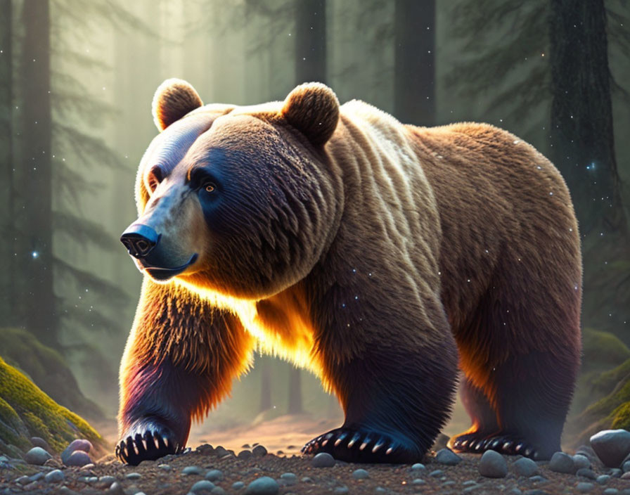 Majestic Brown Bear in Sunlit Forest Environment