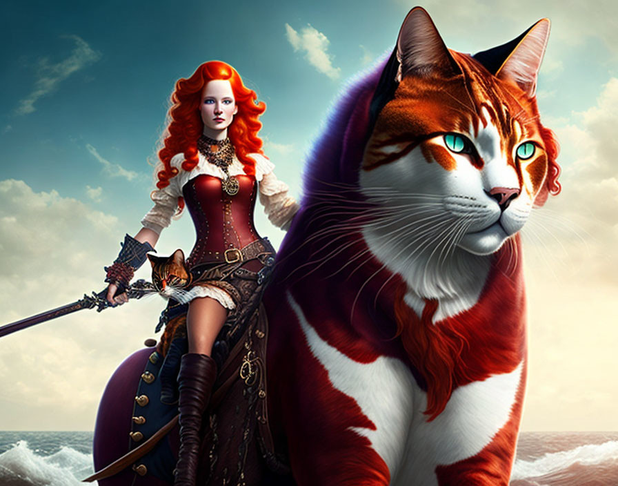 Fantastical image of woman with fiery red hair in ornate armor beside giant red and white striped