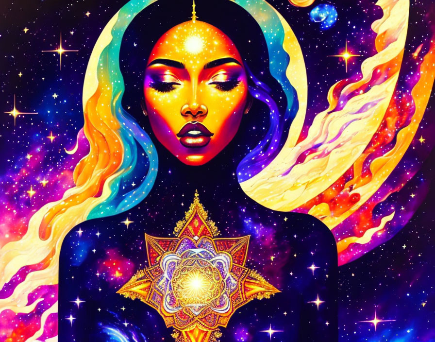 Colorful cosmic silhouette of a woman with mandala forehead