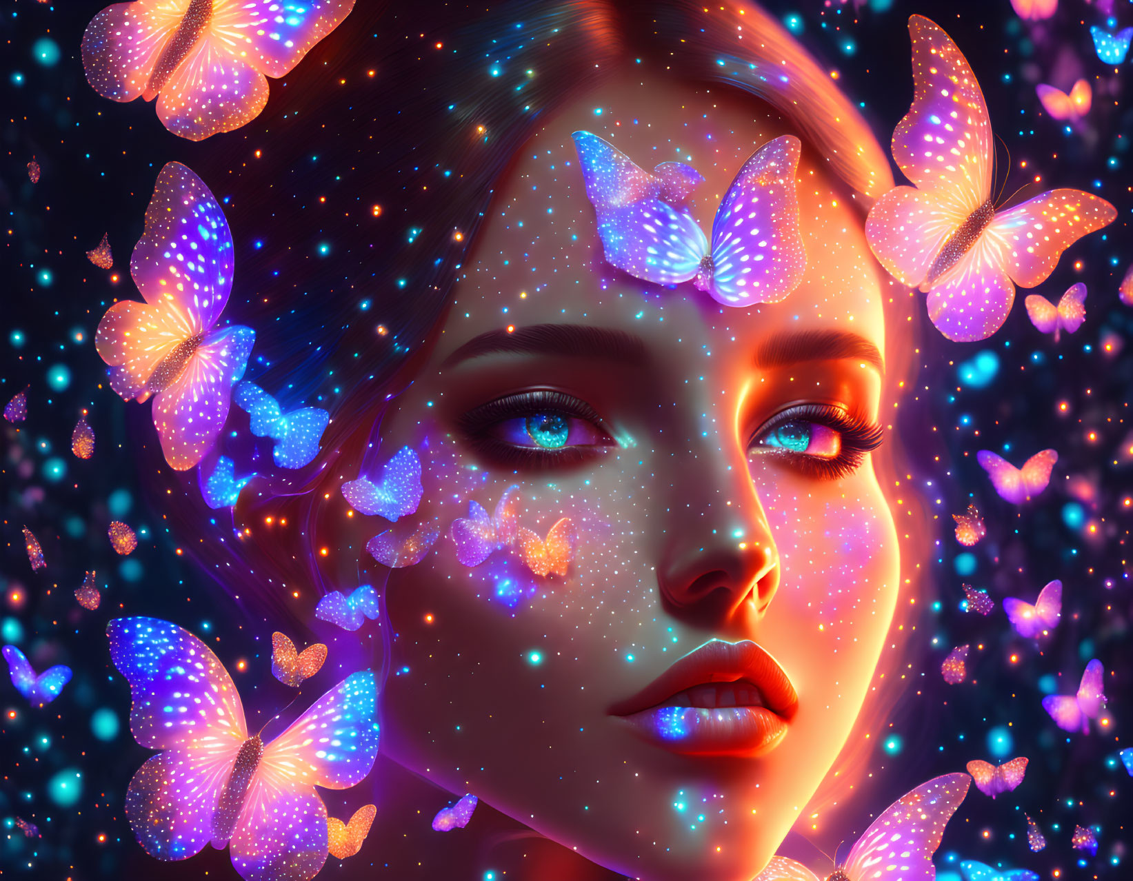 Fantastical digital art: Woman's face with glowing purple butterflies in starry night sky