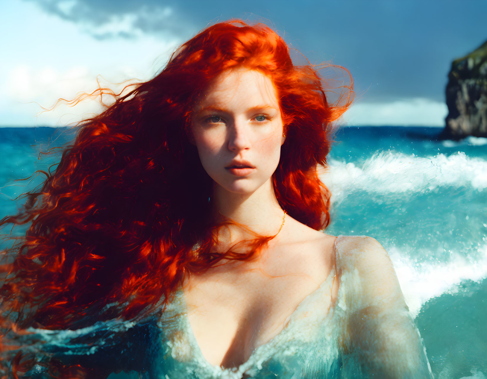 Fiery red-haired woman against vibrant ocean backdrop