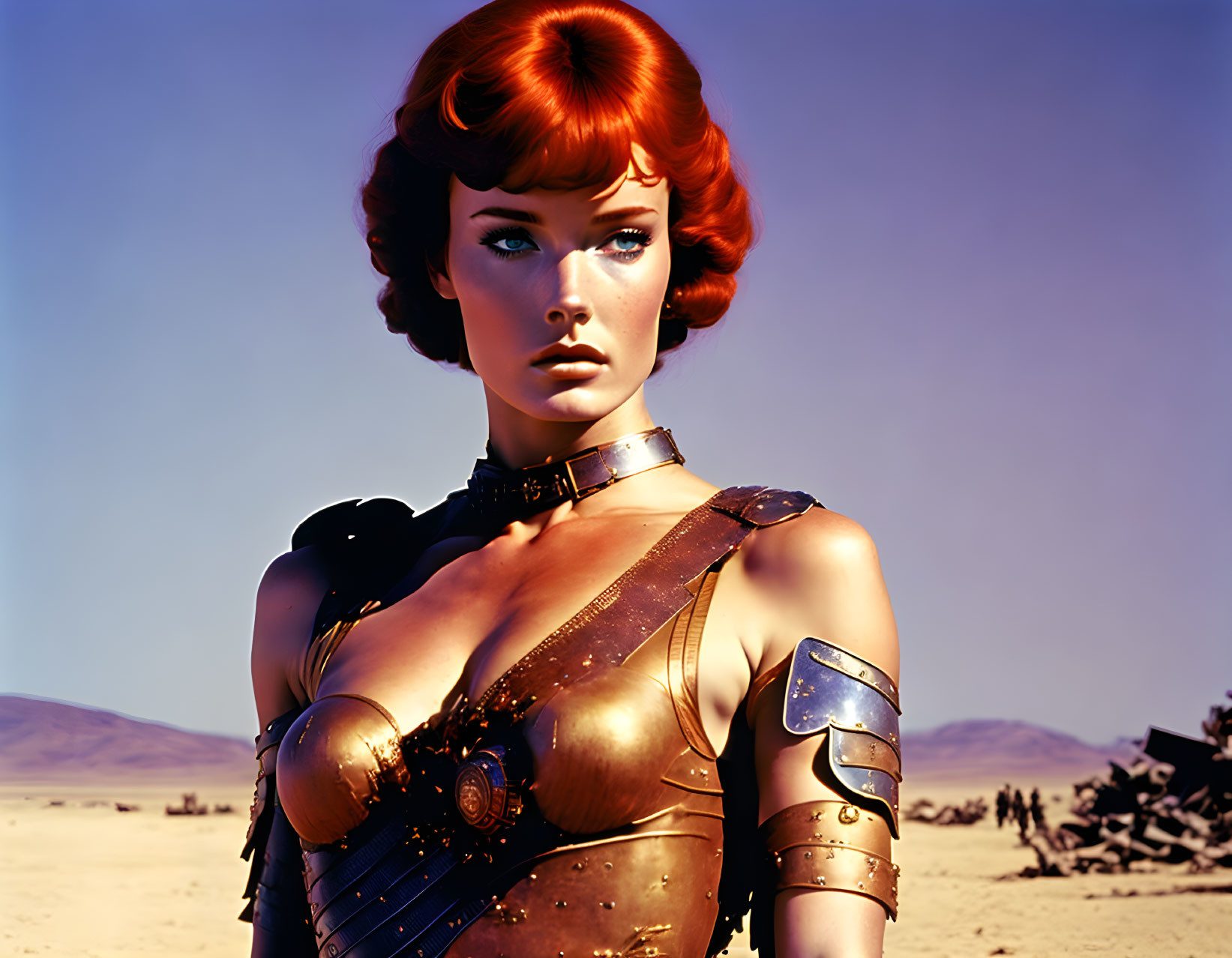 Futuristic armor female character with red hair in desert scenery