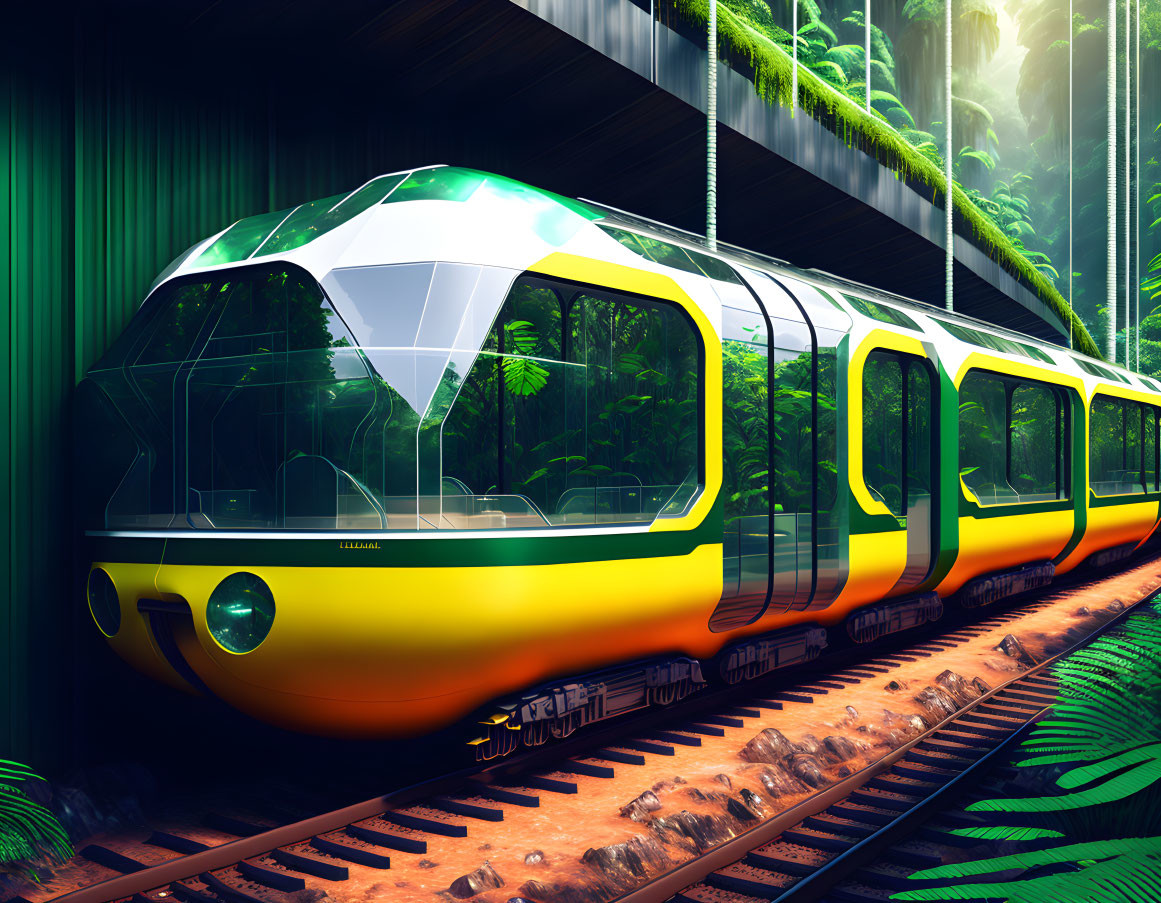 Sleek futuristic train in yellow and green traverses lush jungle