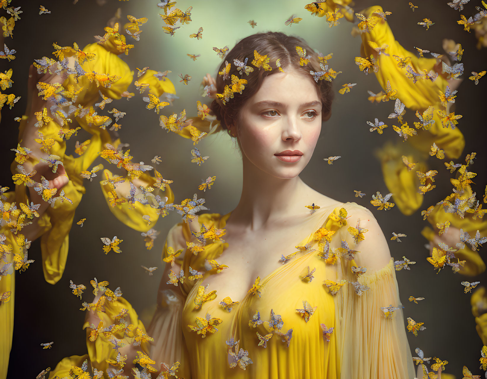 Woman in Yellow Dress Surrounded by Butterflies in Serene Setting