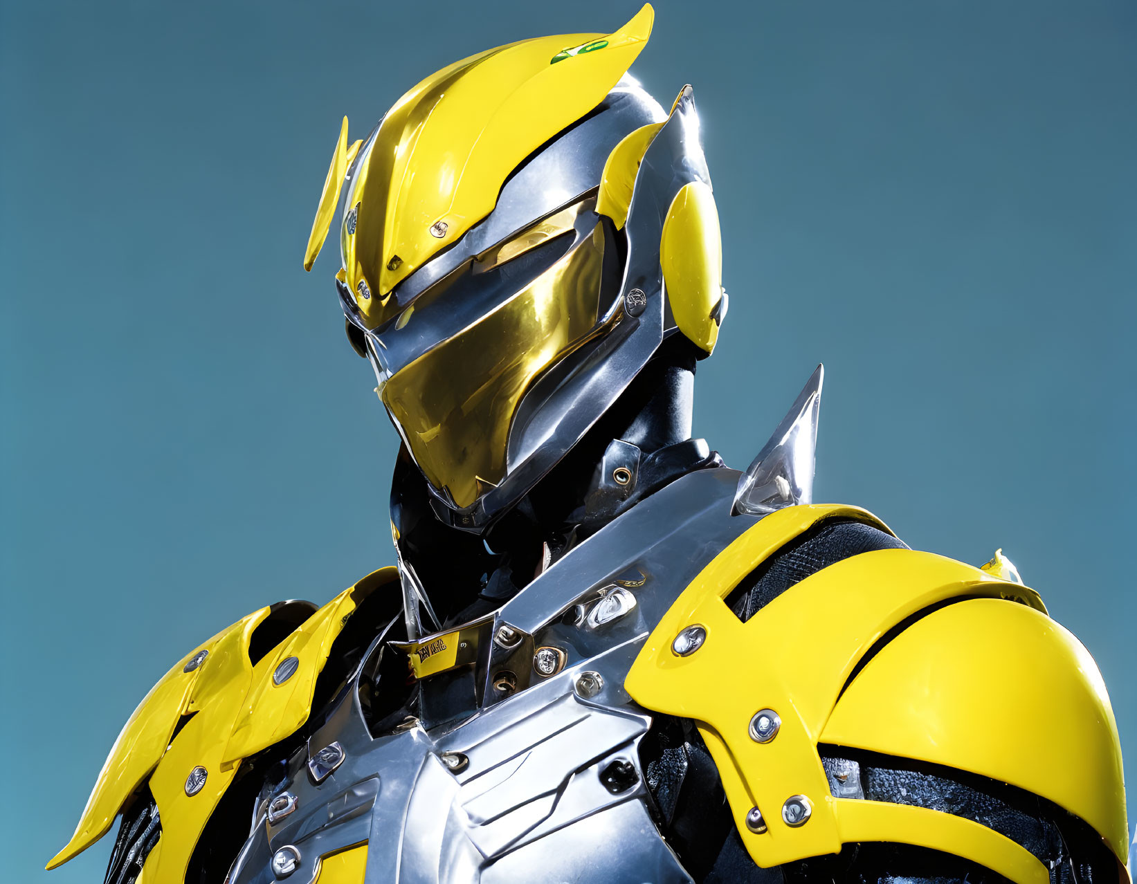 Person in futuristic yellow and silver armored suit with helmet on blue background