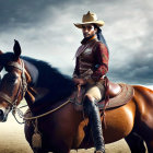 Roman soldier in helmet and armor riding horse under dramatic sky