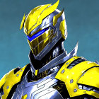 Person in futuristic yellow and silver armored suit with helmet on blue background