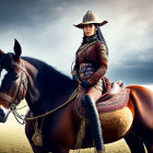 Cowboy in ornate clothing riding brown horse under dramatic sky