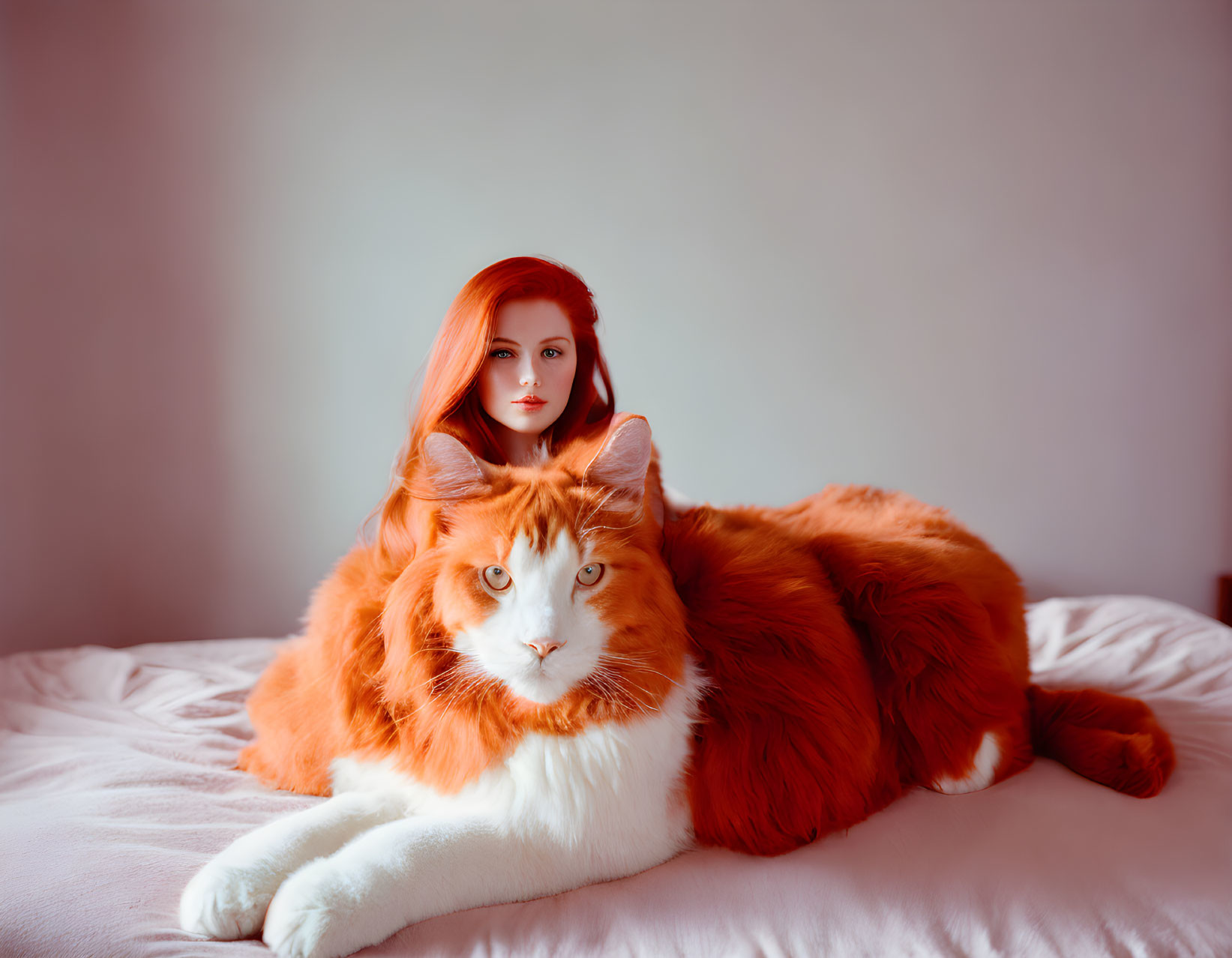 Vibrant red-haired woman with orange and white cat on bed