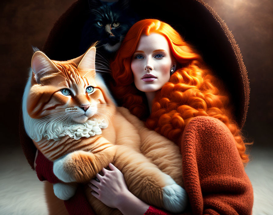 Red-haired woman cuddling large cat with ruff collar, another cat peeking from hood.