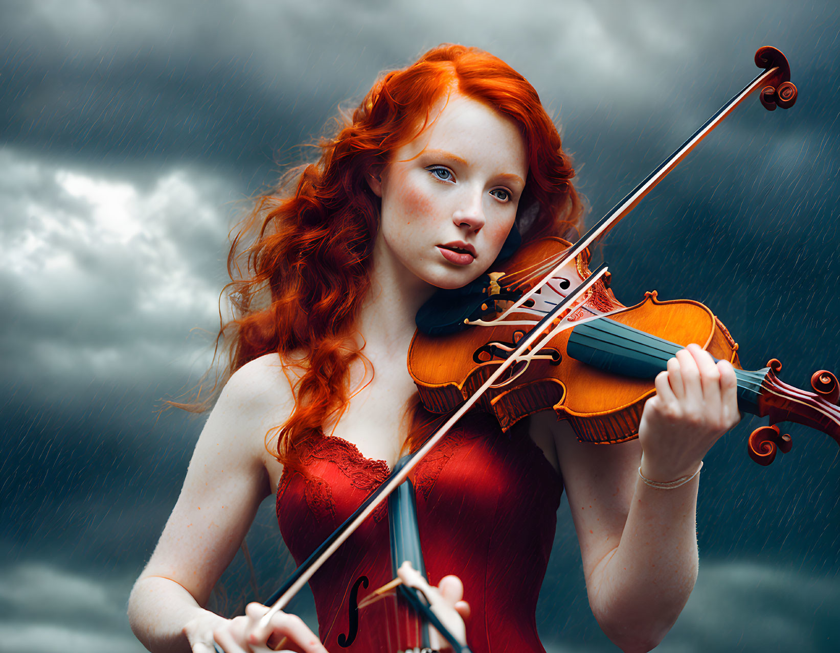 Red-haired woman playing violin under stormy sky