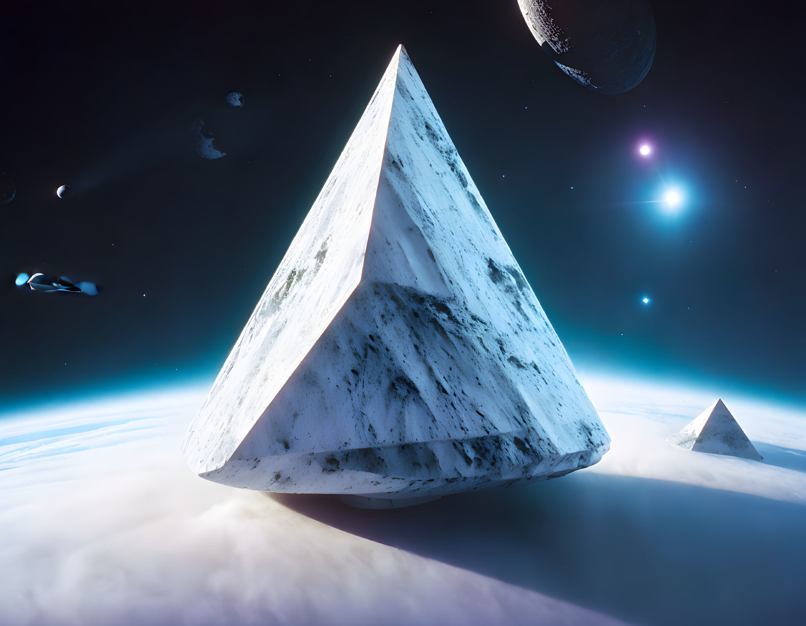 Enormous white pyramid hovers over cloudy planet