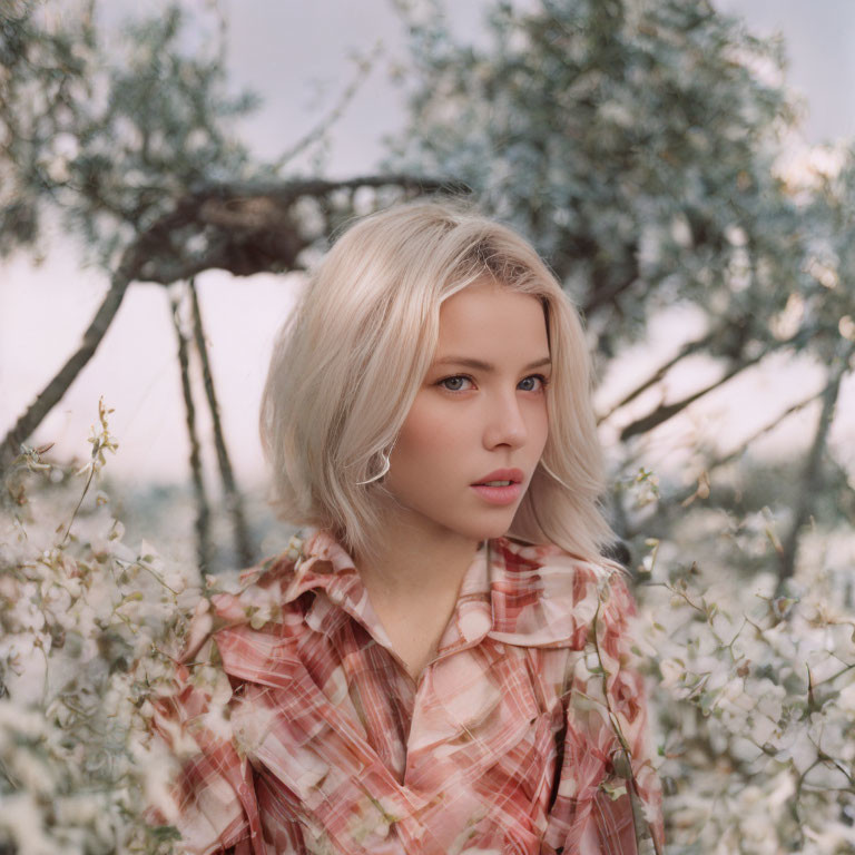 Blonde person in plaid shirt surrounded by blooming trees