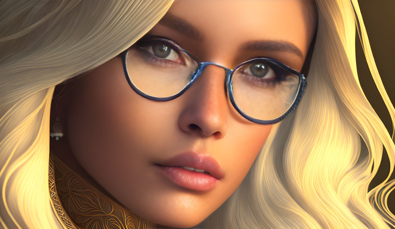 Blonde woman with blue eyes and round glasses, neck tattoo