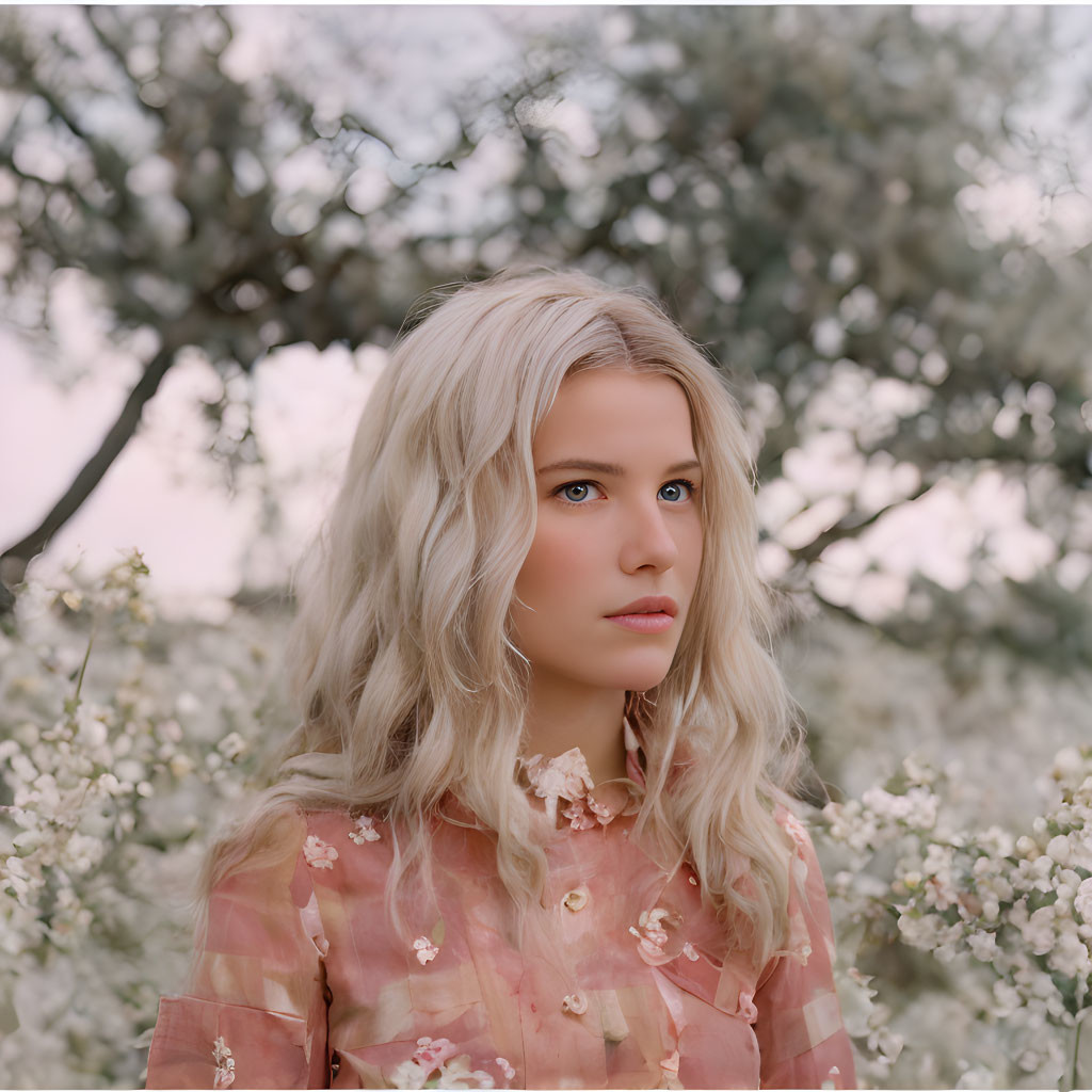 Blonde Woman in Floral Shirt Among White Flowers