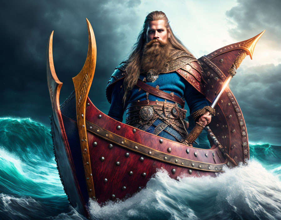 Viking warrior in blue armor on stormy seas