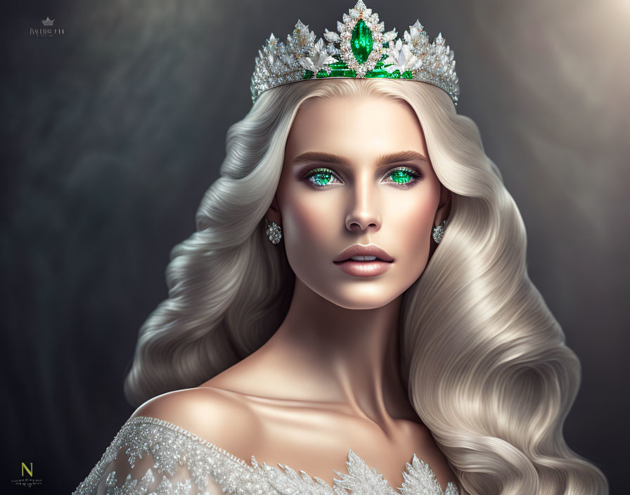 Blonde woman with green eyes and silver crown illustration