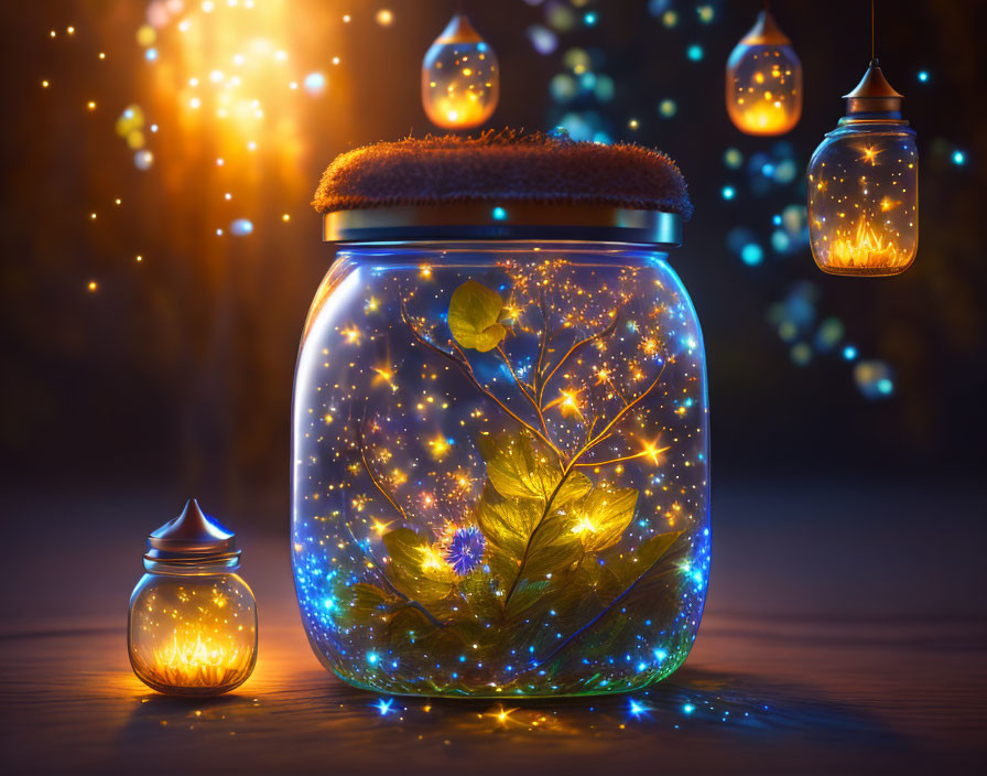 Glowing jars in magical scene with shimmering lights and leaves