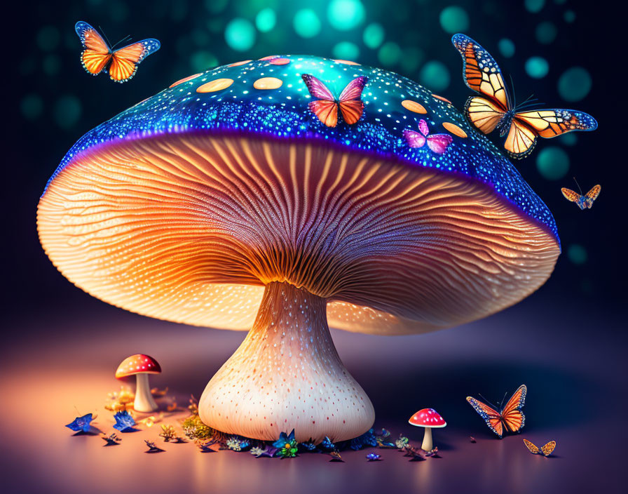 Colorful Digital Art: Luminous Blue Mushroom with Butterflies and Glowing Particles