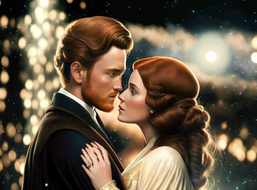 Ginger-Haired Couple in Vintage Clothing Kissing Under Twinkling Lights