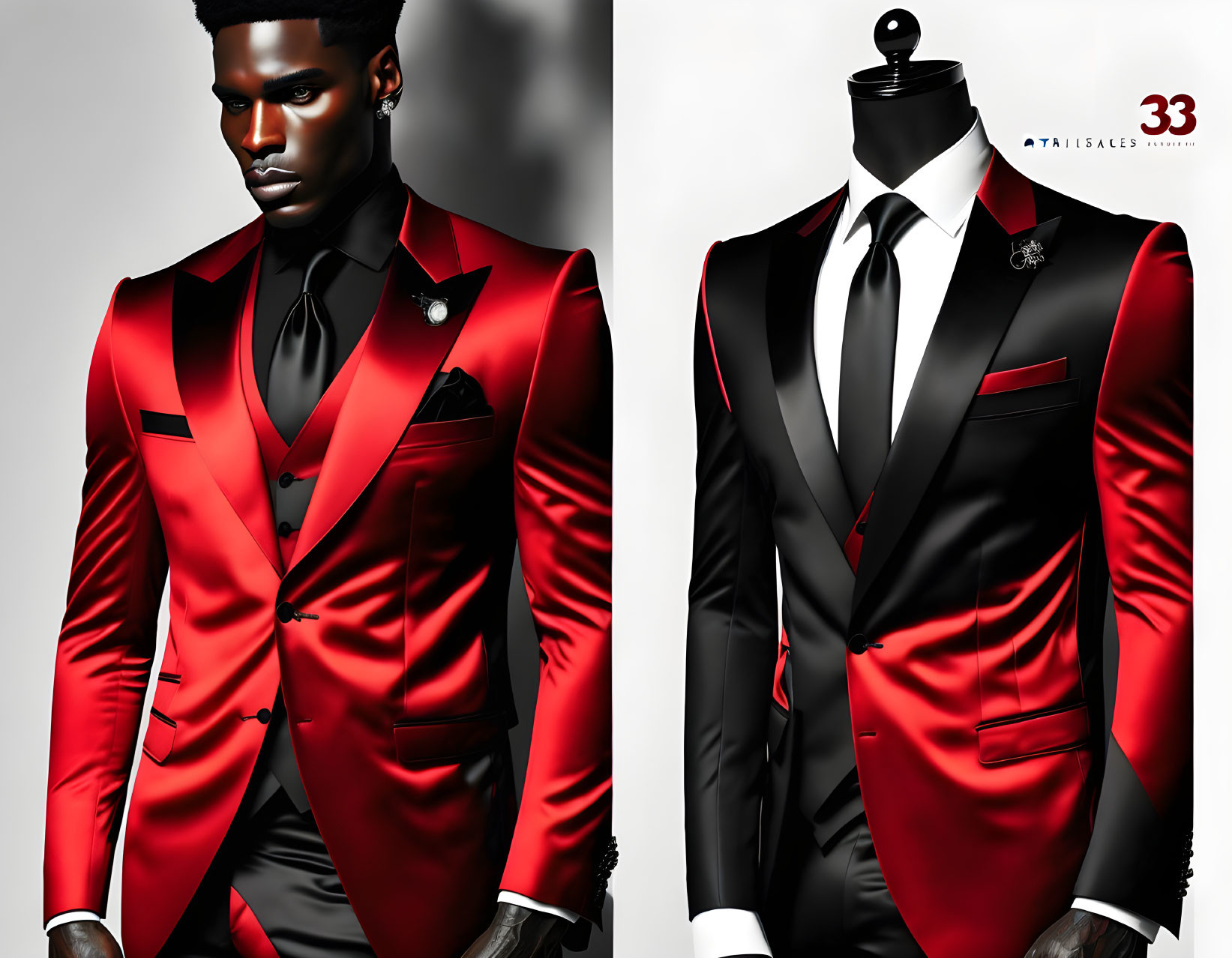 Men's Red and Black Tuxedo Fashion Matching with Mannequin