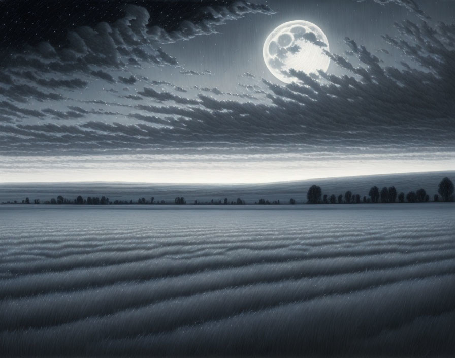 Full Moon Night Landscape with Fields and Tree Line