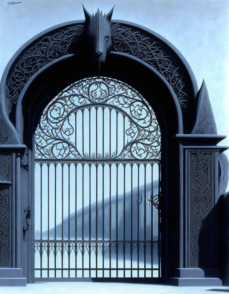 Intricate Dragon Motif on Ornate Black Gate against Pale Sky