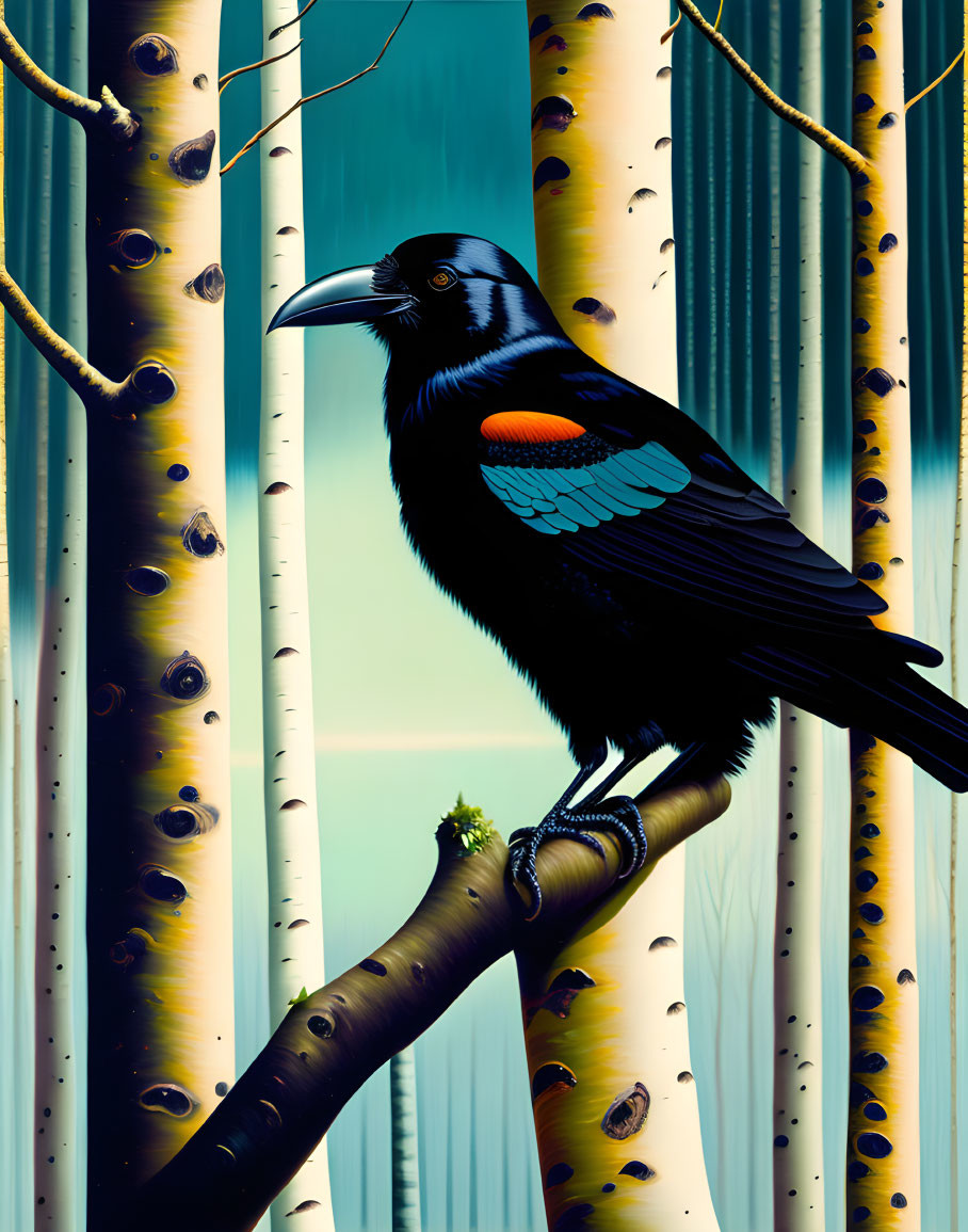 Detailed Illustration of Raven on Branch with Blue Tinted Wing Among Aspen Trees