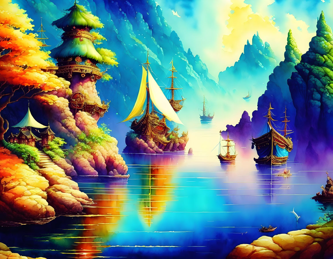 Fantasy landscape with sailing ships, pagoda-style structures, rocky cliffs, and colorful sunset sky