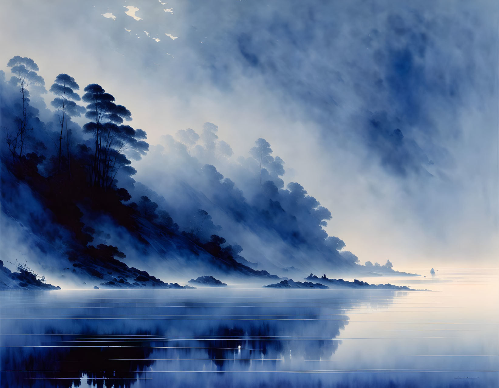 Tranquil blue landscape with misty hills and serene lake