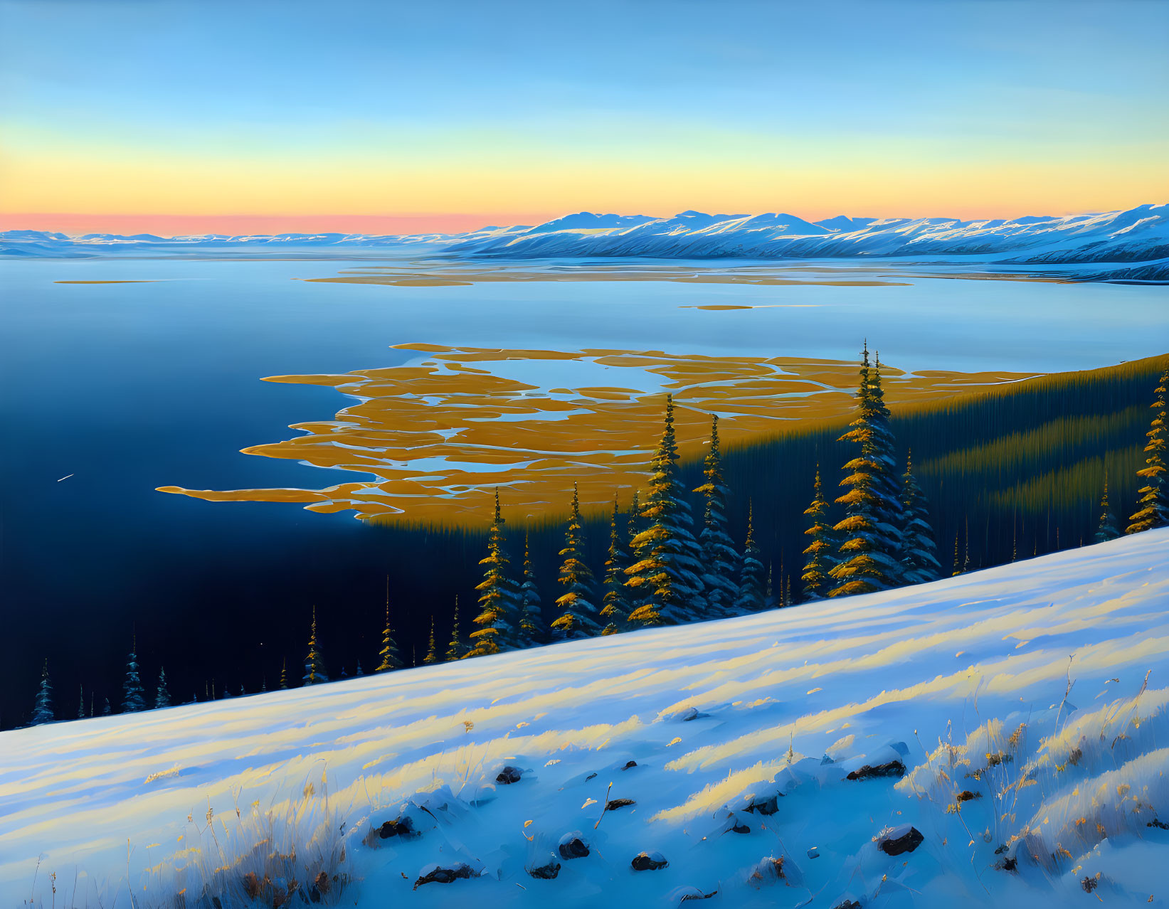 Tranquil winter landscape: golden sunset, snowy hills, evergreens