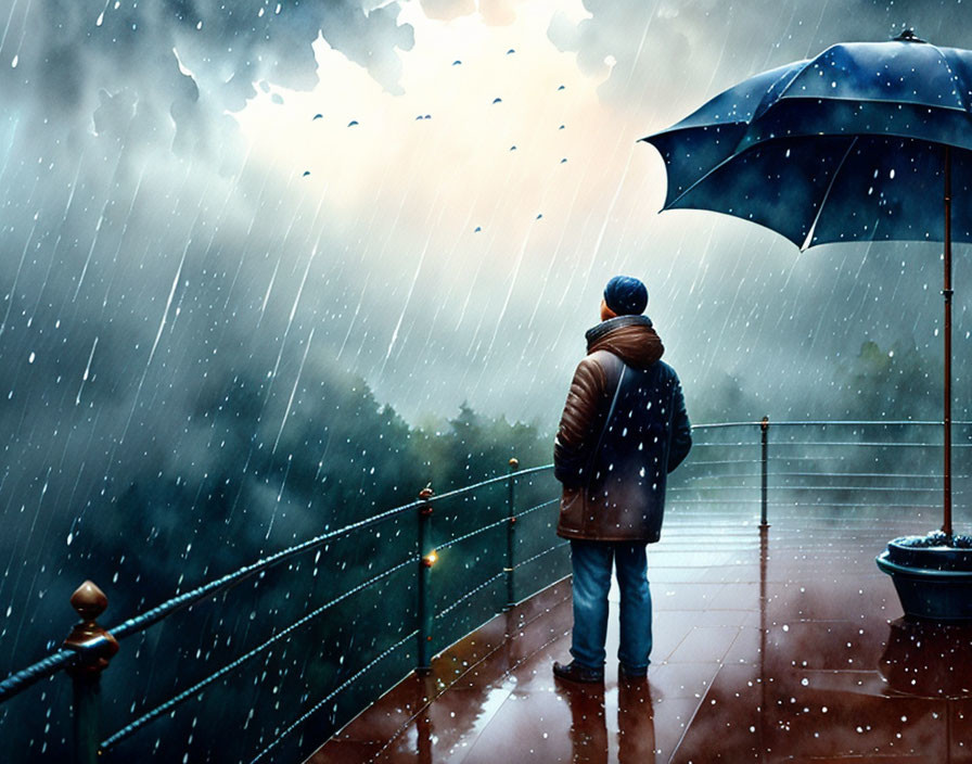 Person under umbrella on wet balcony gazing at rainy landscape