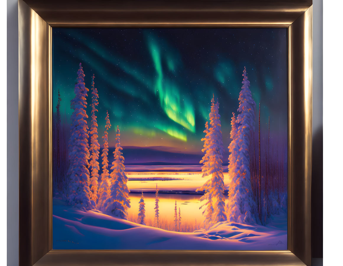 Framed Painting of Aurora Borealis Over Snowy Forest Landscape