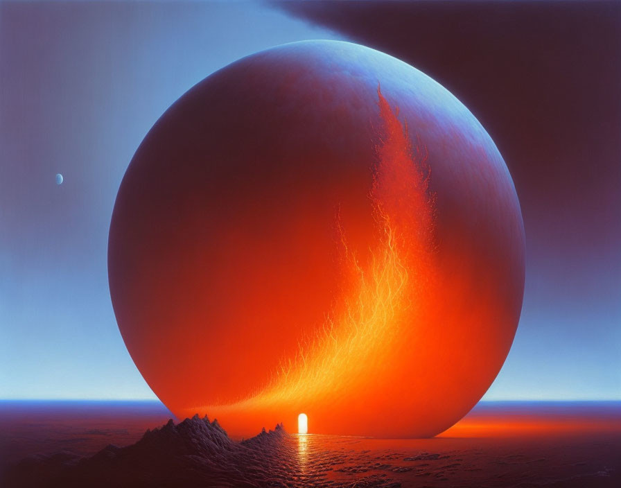 Surreal artwork: Giant red planet over ocean horizon