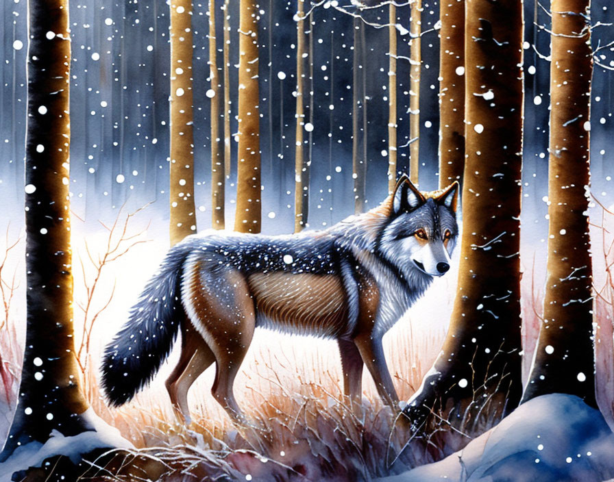 Lone wolf in snowy forest with falling snowflakes and bare orange trees