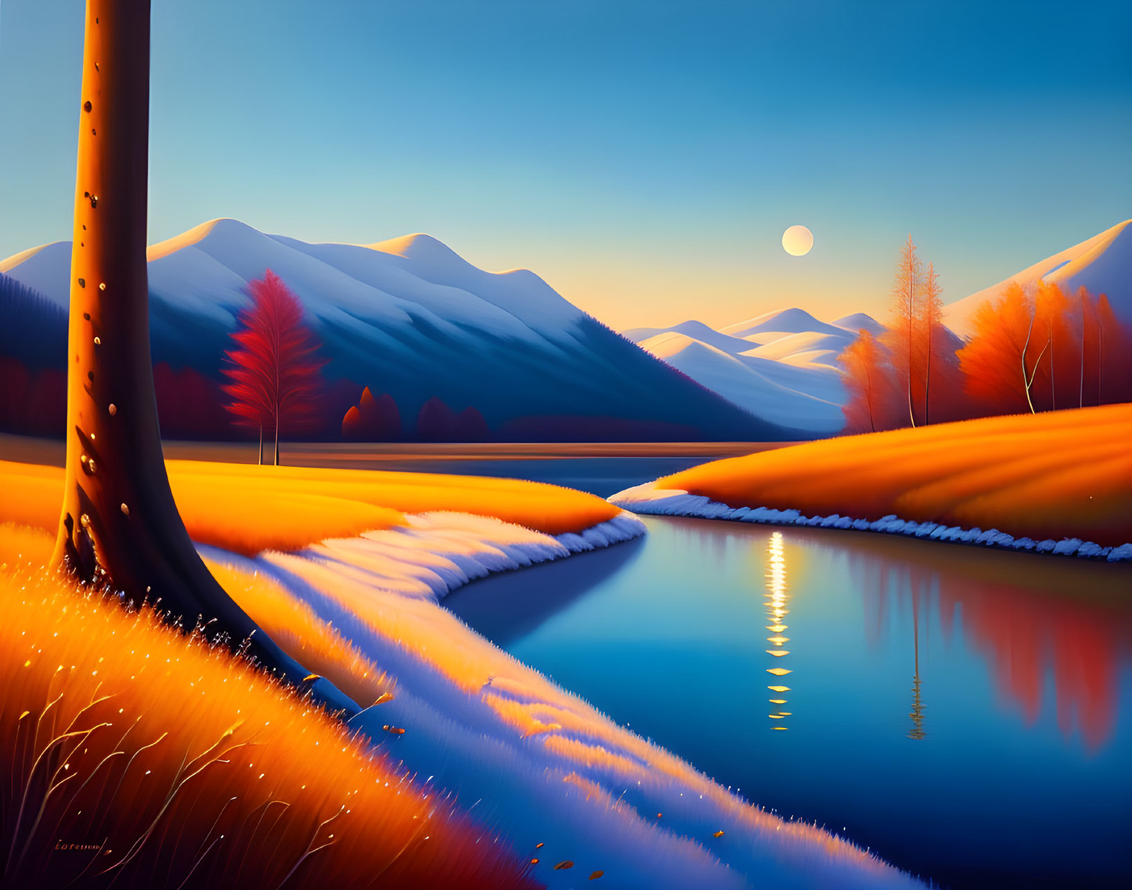Serene river landscape with autumn trees and snow-capped mountains
