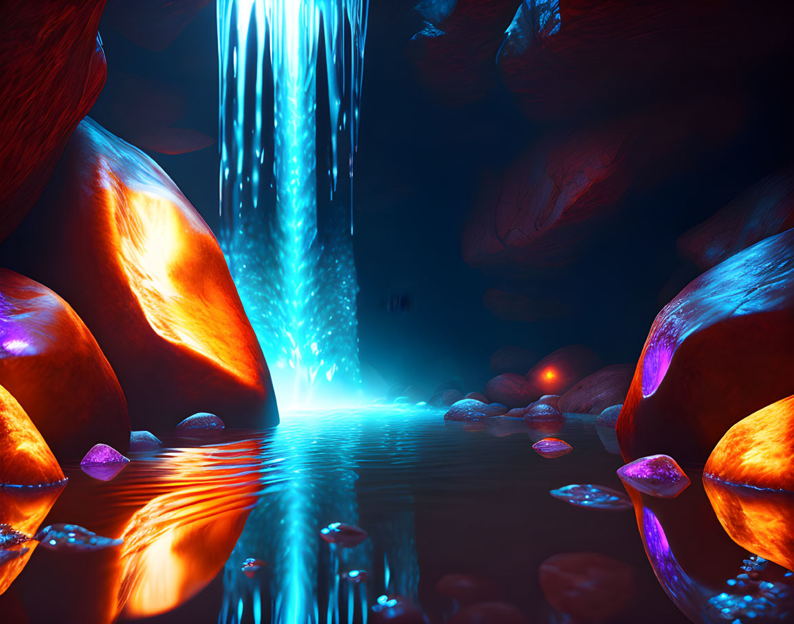 Ethereal underground scene with glowing blue waterfall and luminous stones.