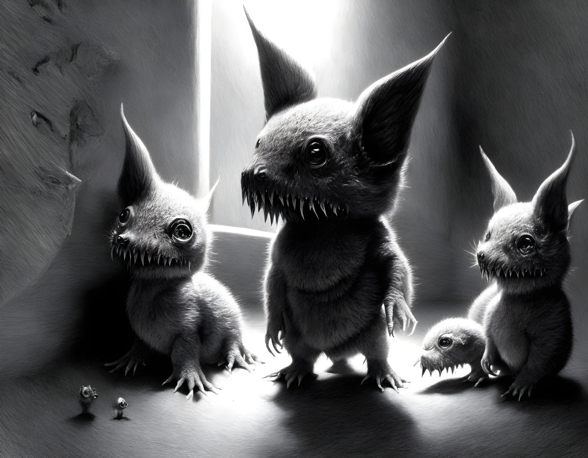 Whimsical black and white art of four fantastical creatures with large ears and sharp teeth