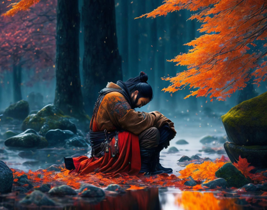 Person in Traditional Attire Rests in Autumn Forest