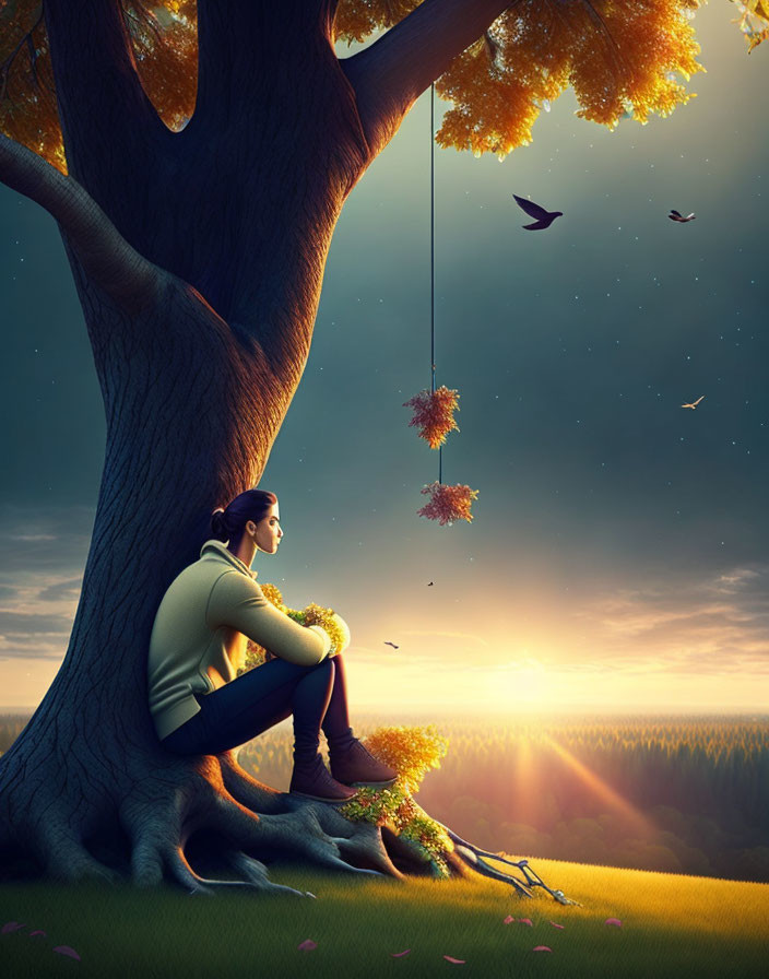 Person sitting under large tree at sunset with swing, serene landscape, and flying birds.