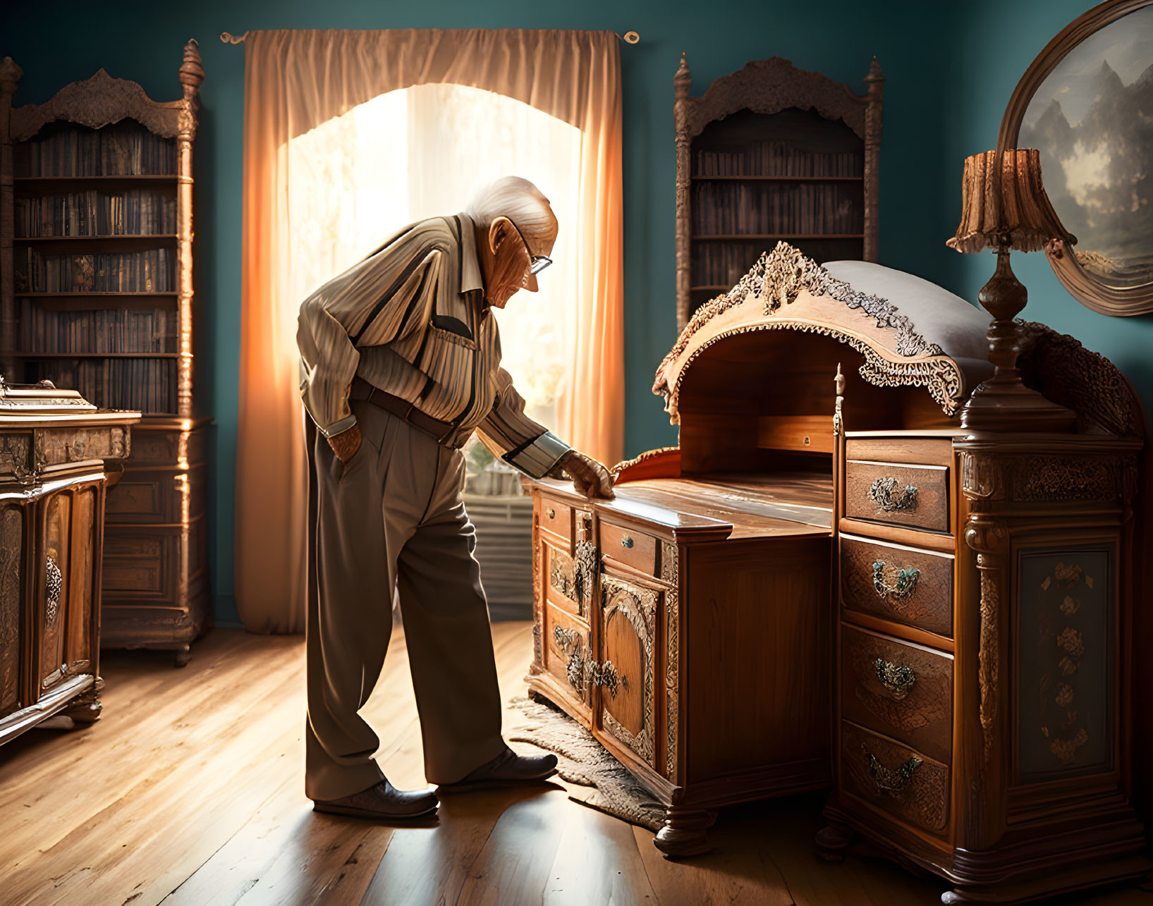 Elderly person in striped shirt and suspenders opening drawer in vintage room