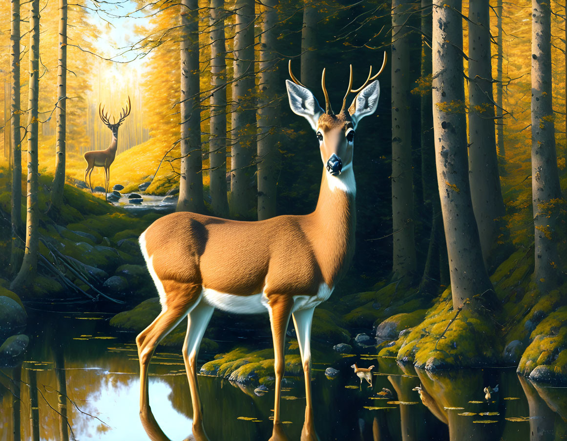 Tranquil forest scene with deer by pond