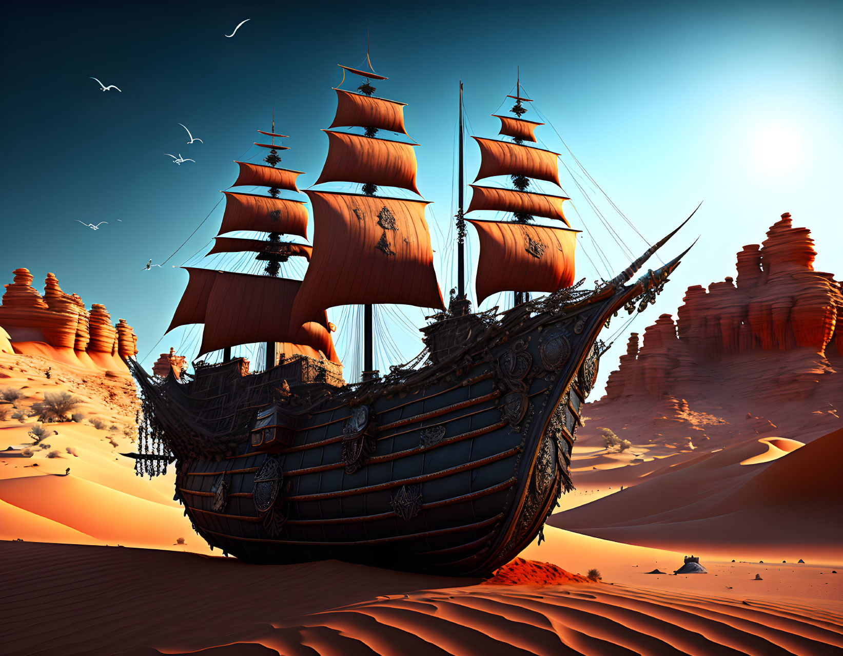 Tall ship stranded on sand dunes with seagulls and rock formations