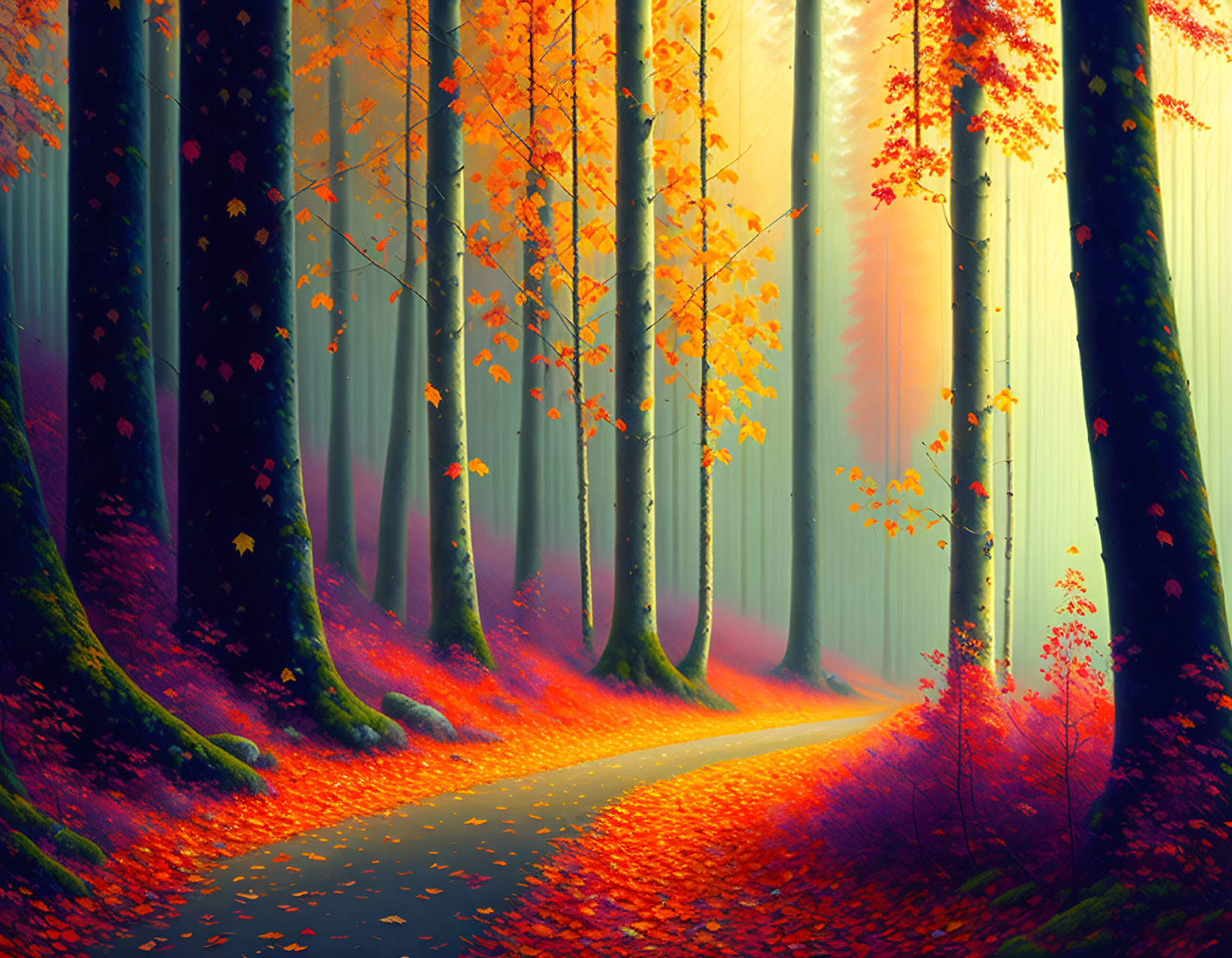 Tranquil forest scene with tall trees, sun rays, and autumn leaves