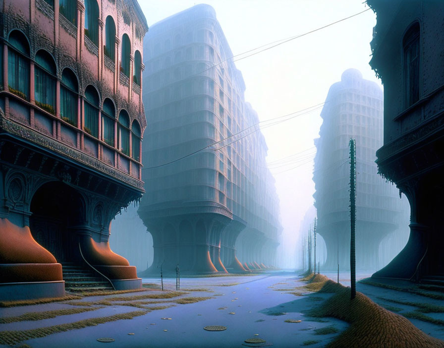 Surreal cityscape with fog, distorted buildings, and street lamp