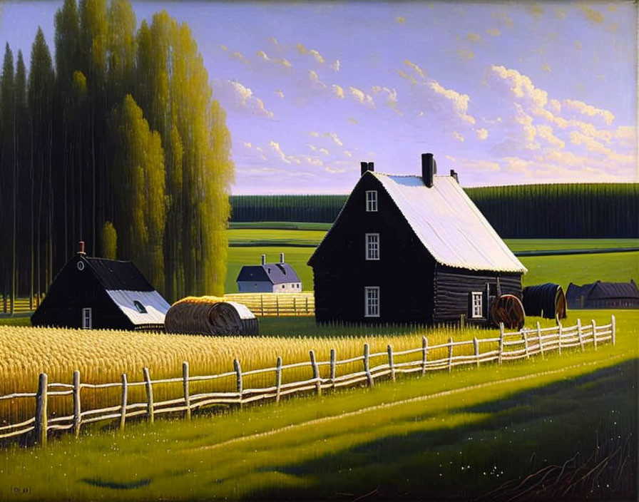 Rural landscape with houses, wheat field, horse, and trees